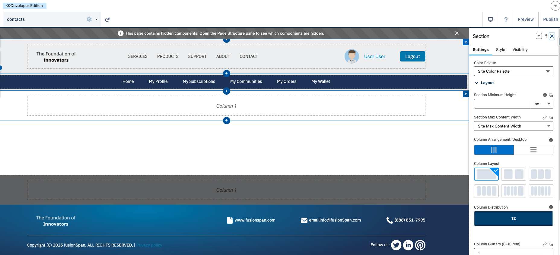 The page layout configuration tabs in Experience Builder