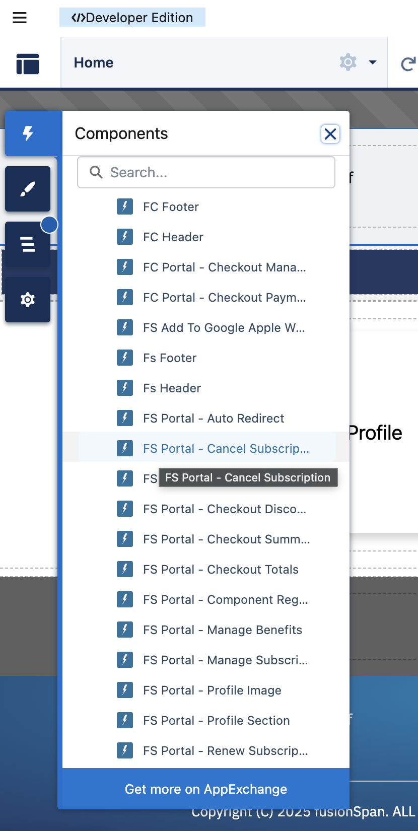 The Experience Builder component palette with fusionCore components