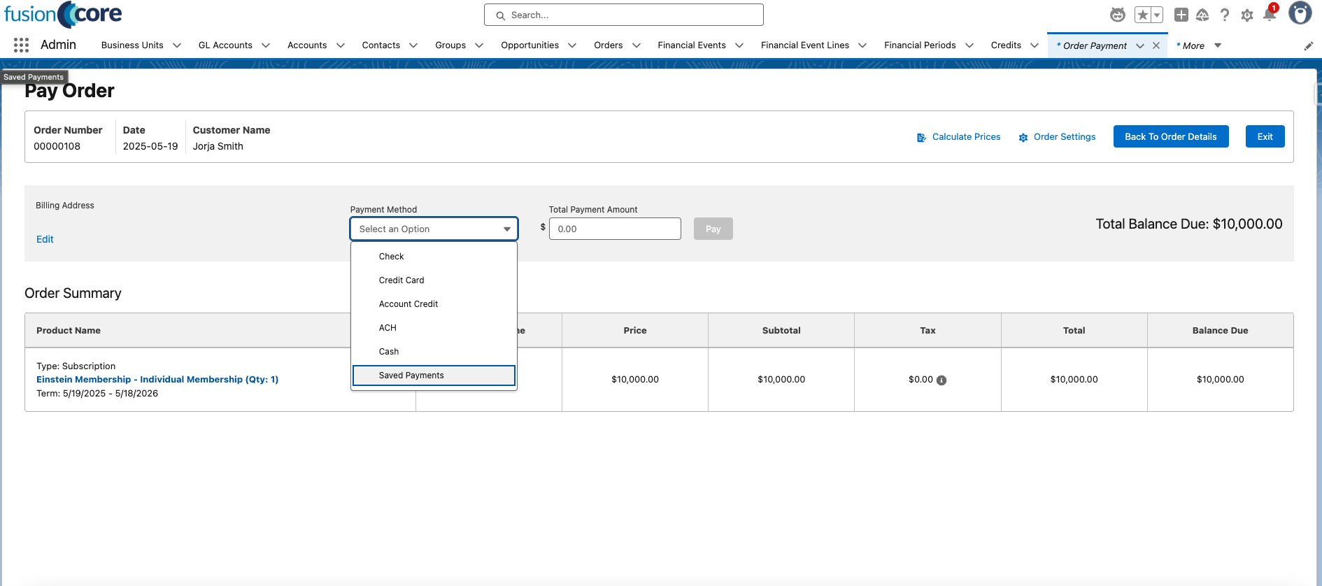 The Payment page with Saved Payments selected as the payment type