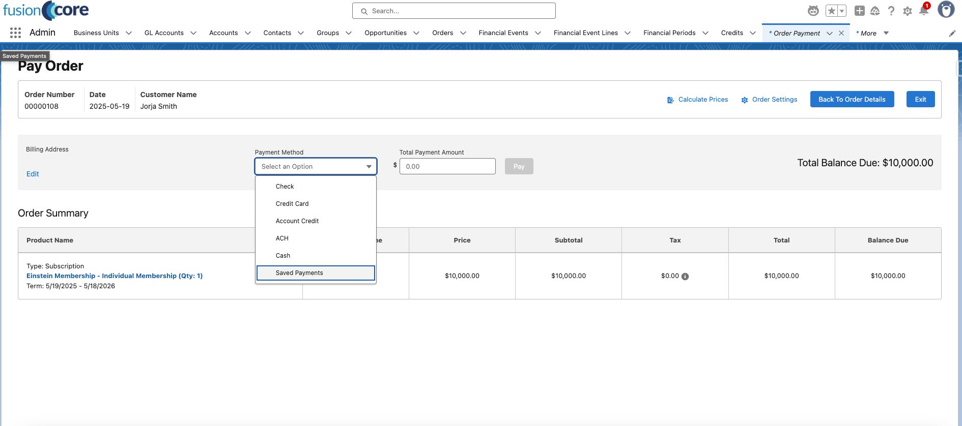 The Payment page with Saved Payments selected as the payment type