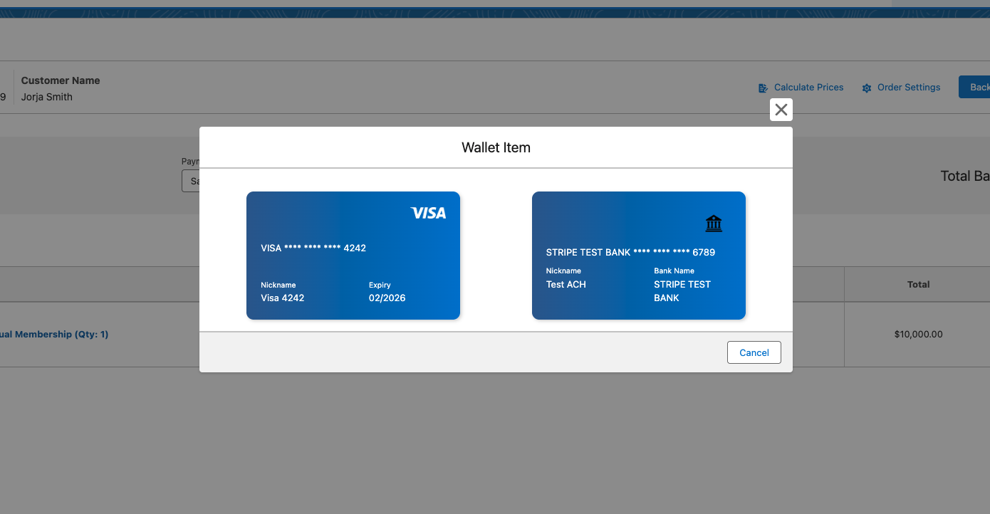 A saved payment method selected on the Payment page