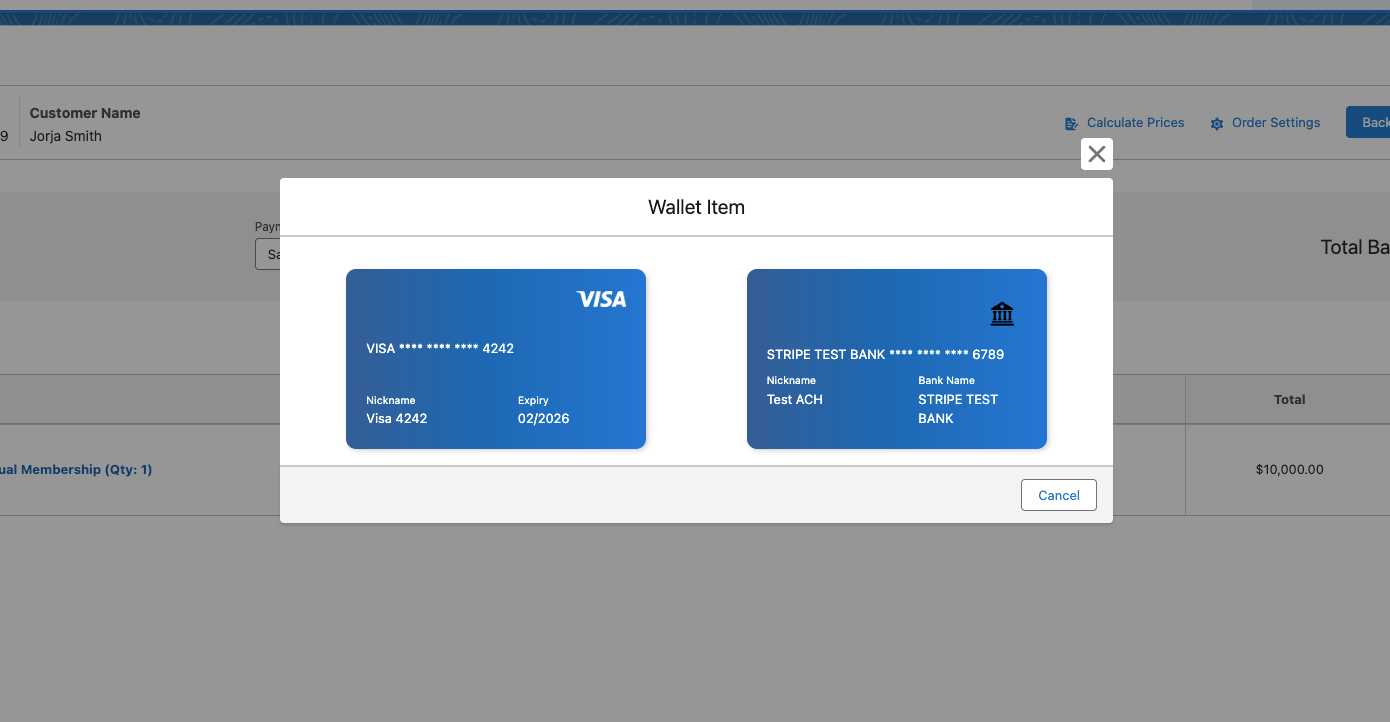 A saved payment method selected on the Payment page