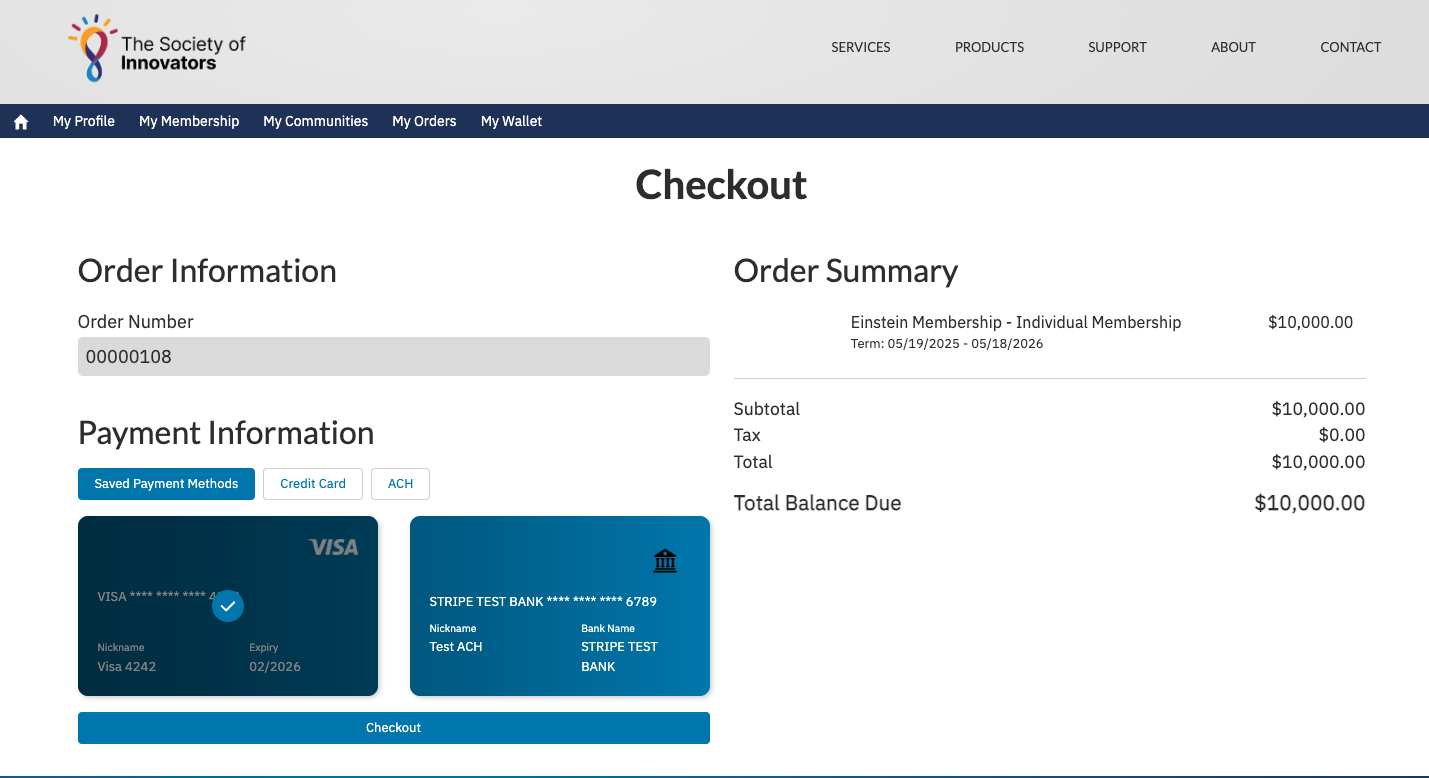 The Portal checkout page with Saved Payment Methods selected