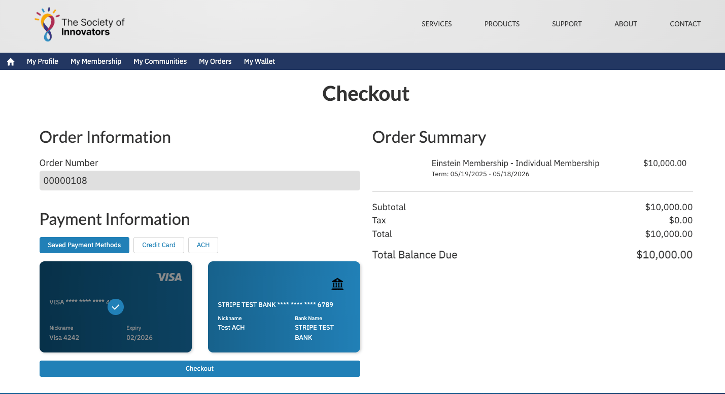 The Portal checkout page with Saved Payment Methods selected