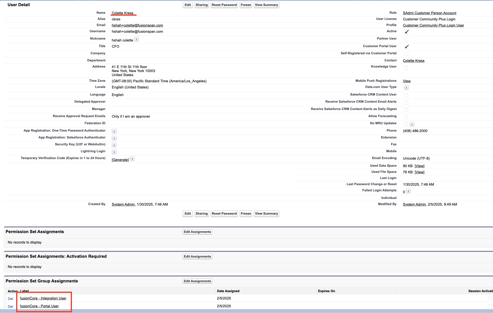 Assigning the fusionCore - Portal User permission set group to the user