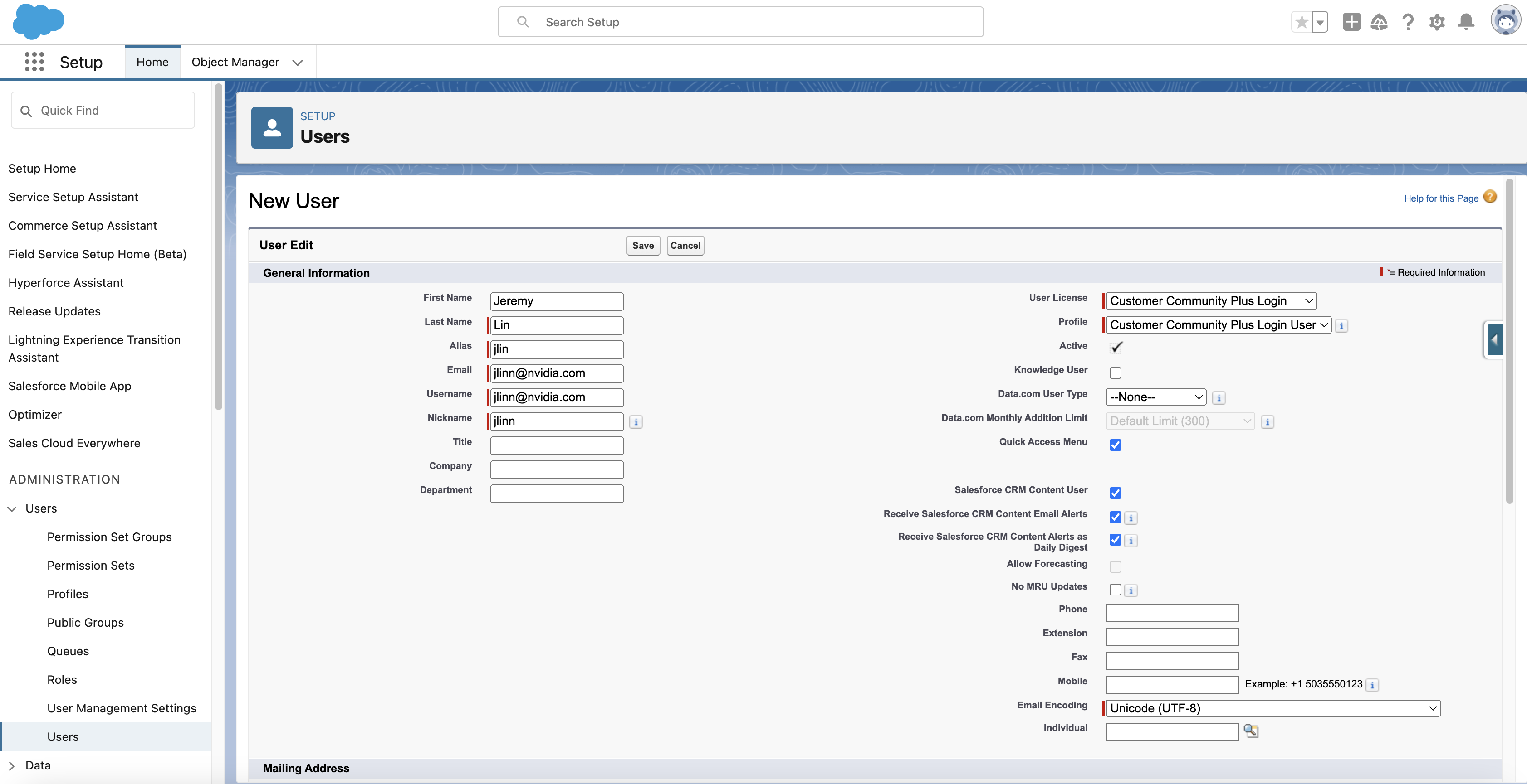 The New User Information page for a community user