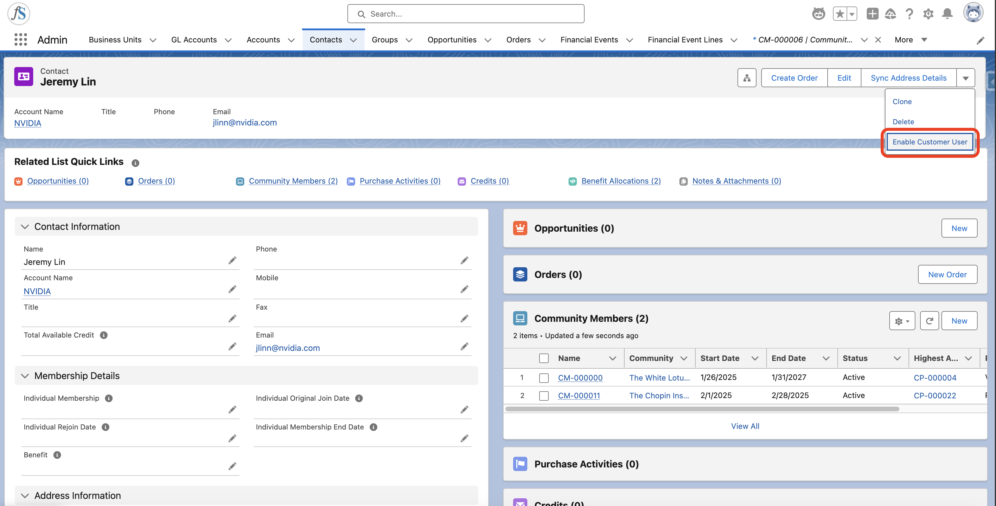 A Contact record with the Enable Customer User action highlighted