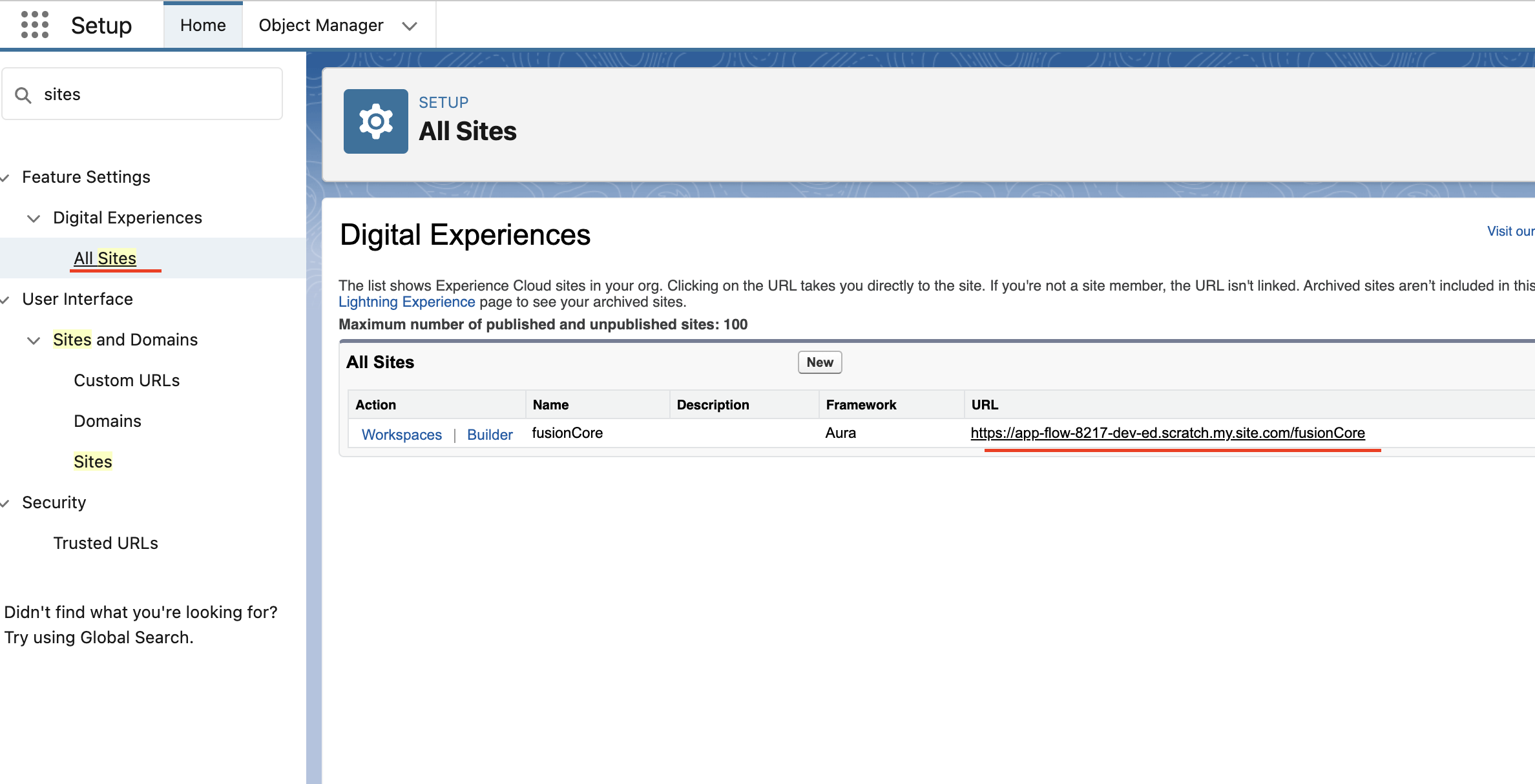The All Sites page in Setup showing the portal site URL