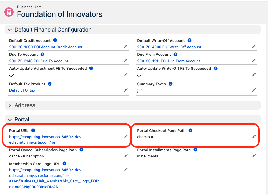 The Portal URL field on a Business Unit record