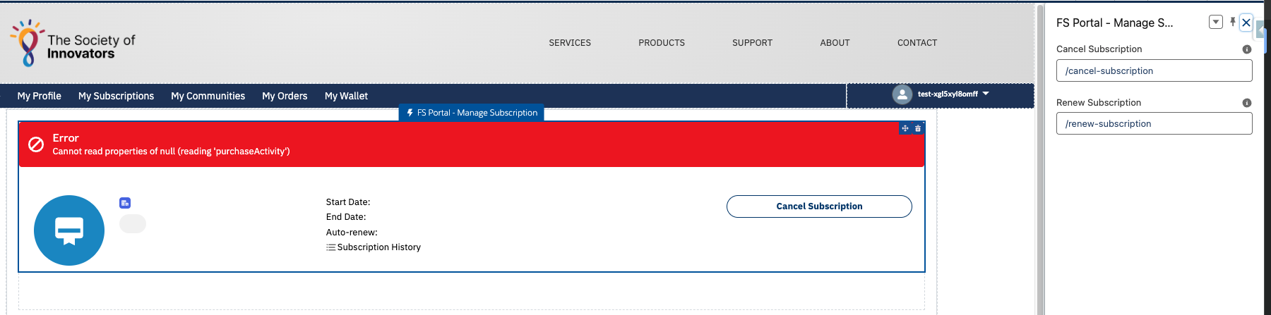 The FS Portal - Manage Subscription component with Cancel and Renew paths set