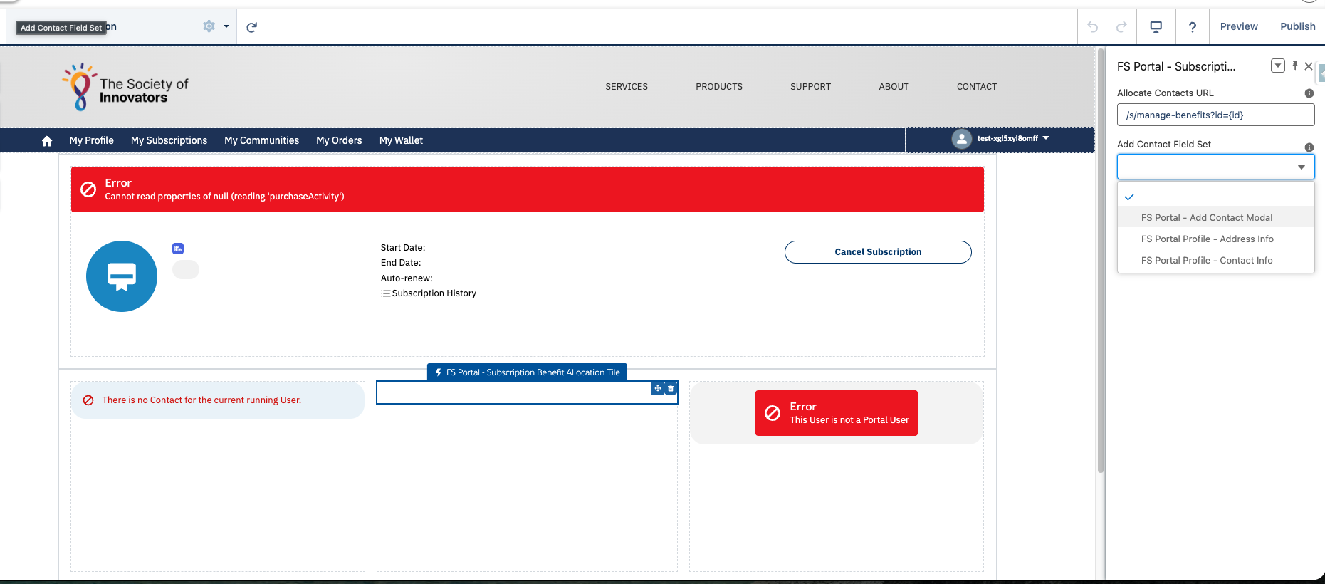 The FS Portal - Subscription Benefit Allocation Tile with Allocate Contacts URL set