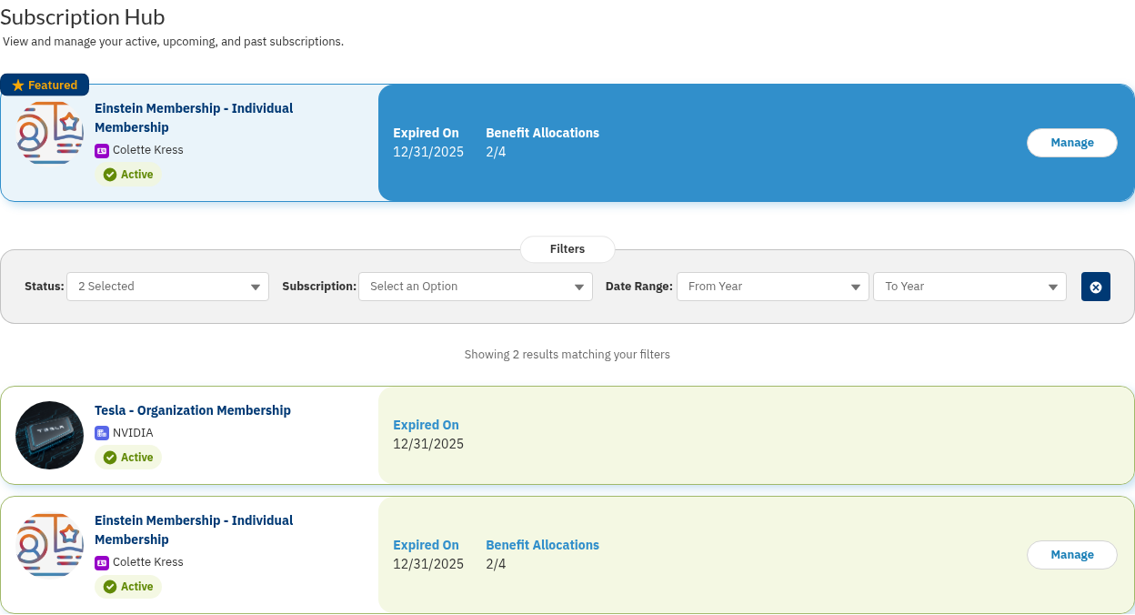 The rendered Subscription Hub in the portal, showing a featured subscription card, status and subscription filters, and a card for each of the member's subscriptions with a Manage button