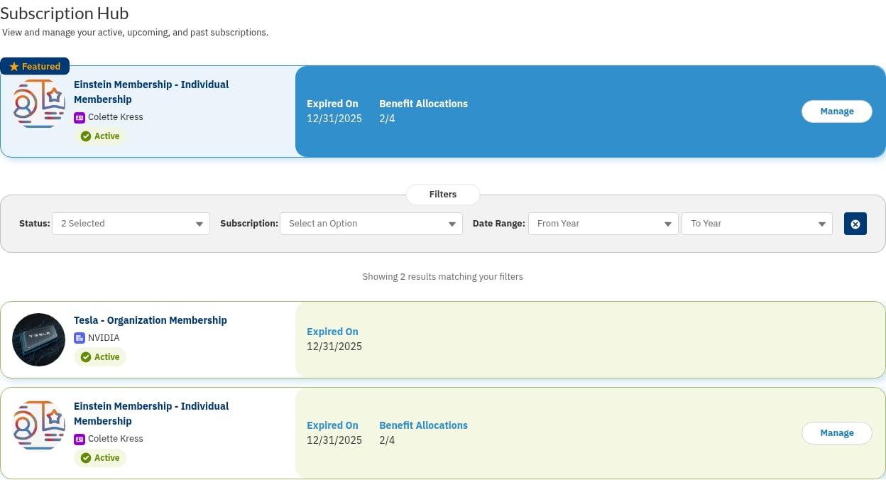 The rendered Subscription Hub in the portal, showing a featured subscription card, status and subscription filters, and a card for each of the member's subscriptions with a Manage button
