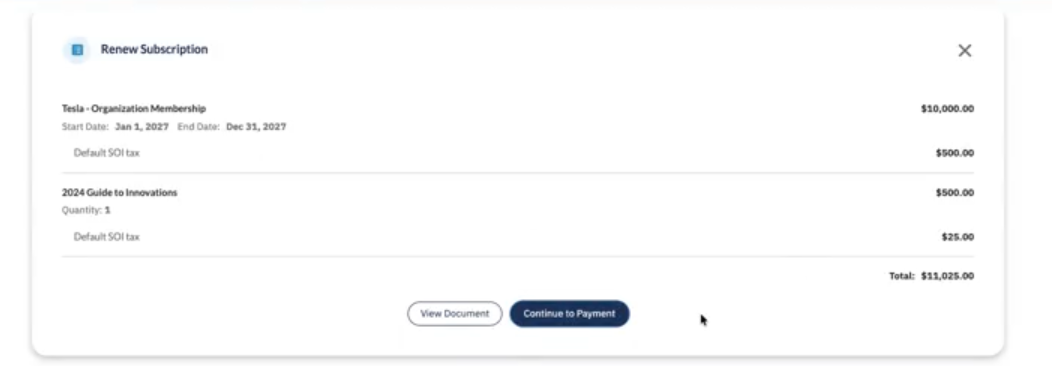 The Renew Subscription component with options to view the document or pay