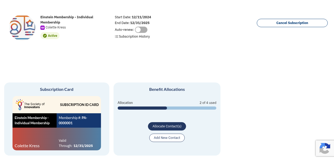 The rendered Manage Subscription view in the portal, showing the auto-renew toggle, Subscription History link, Cancel Subscription button, the subscription card, and benefit allocations