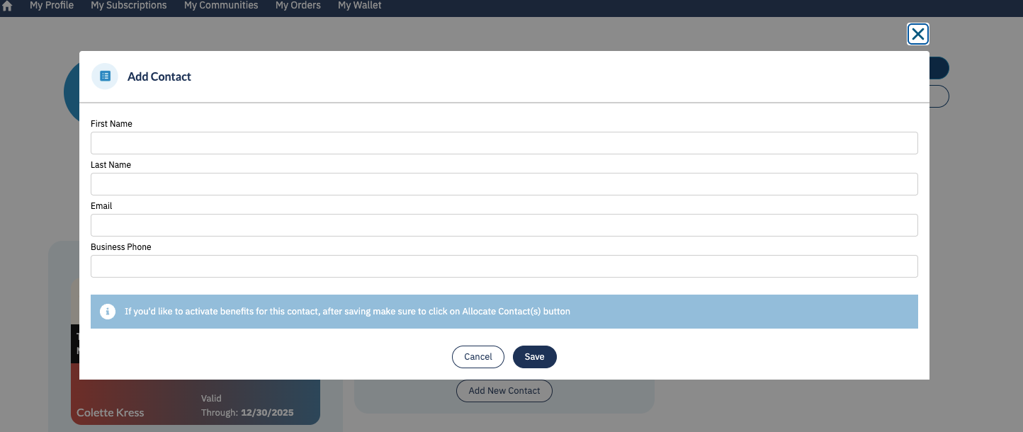 The Add Contact form with name, email, and phone number fields