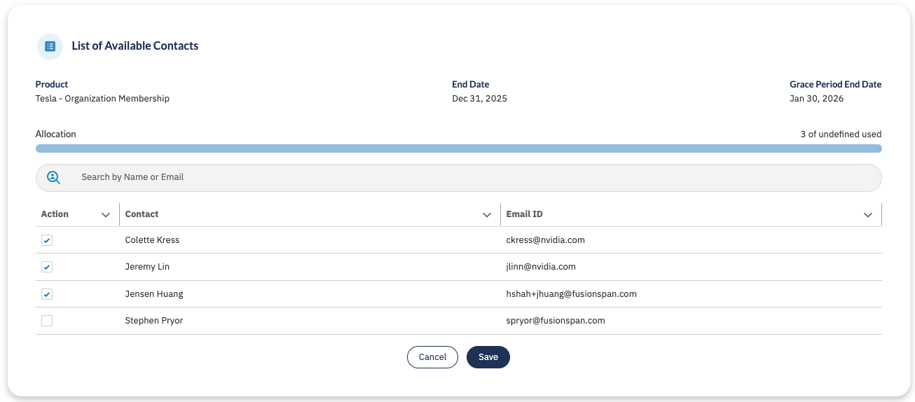 The contact selection dialog for allocating subscription benefits