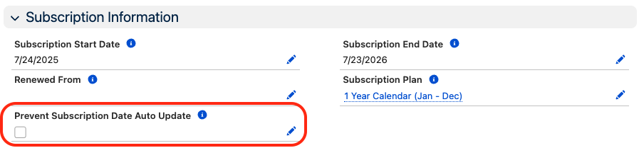 Order Product line with the Prevent Subscription Date Auto Update checkbox