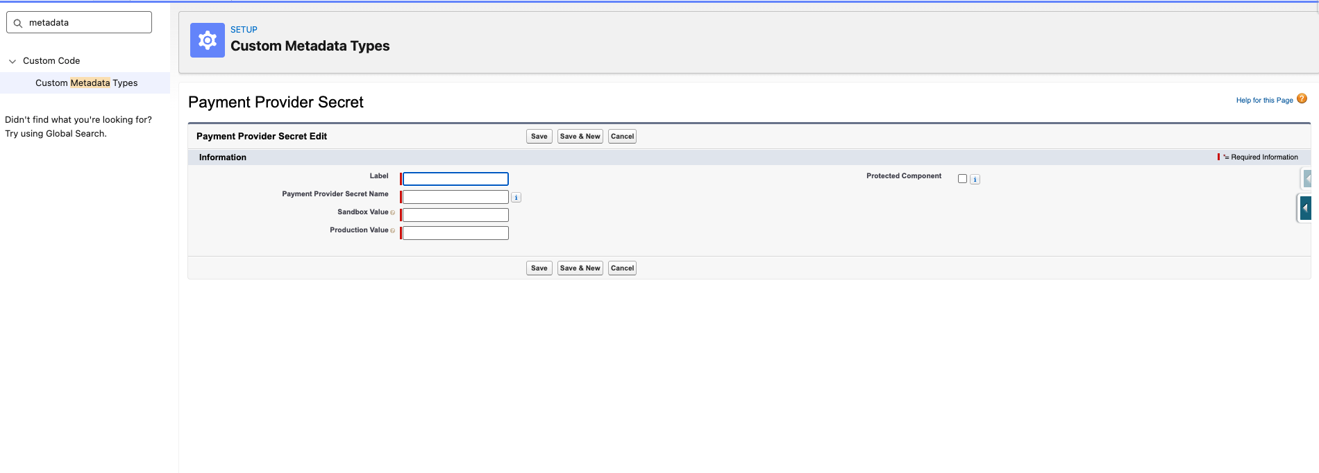 Payment Provider Secret Custom Metadata records named with a prefix for the public and secret keys
