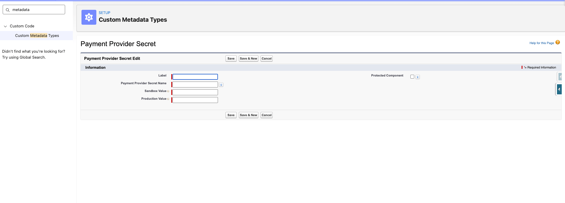 Payment Provider Secret Custom Metadata records named with a prefix for the public and secret keys