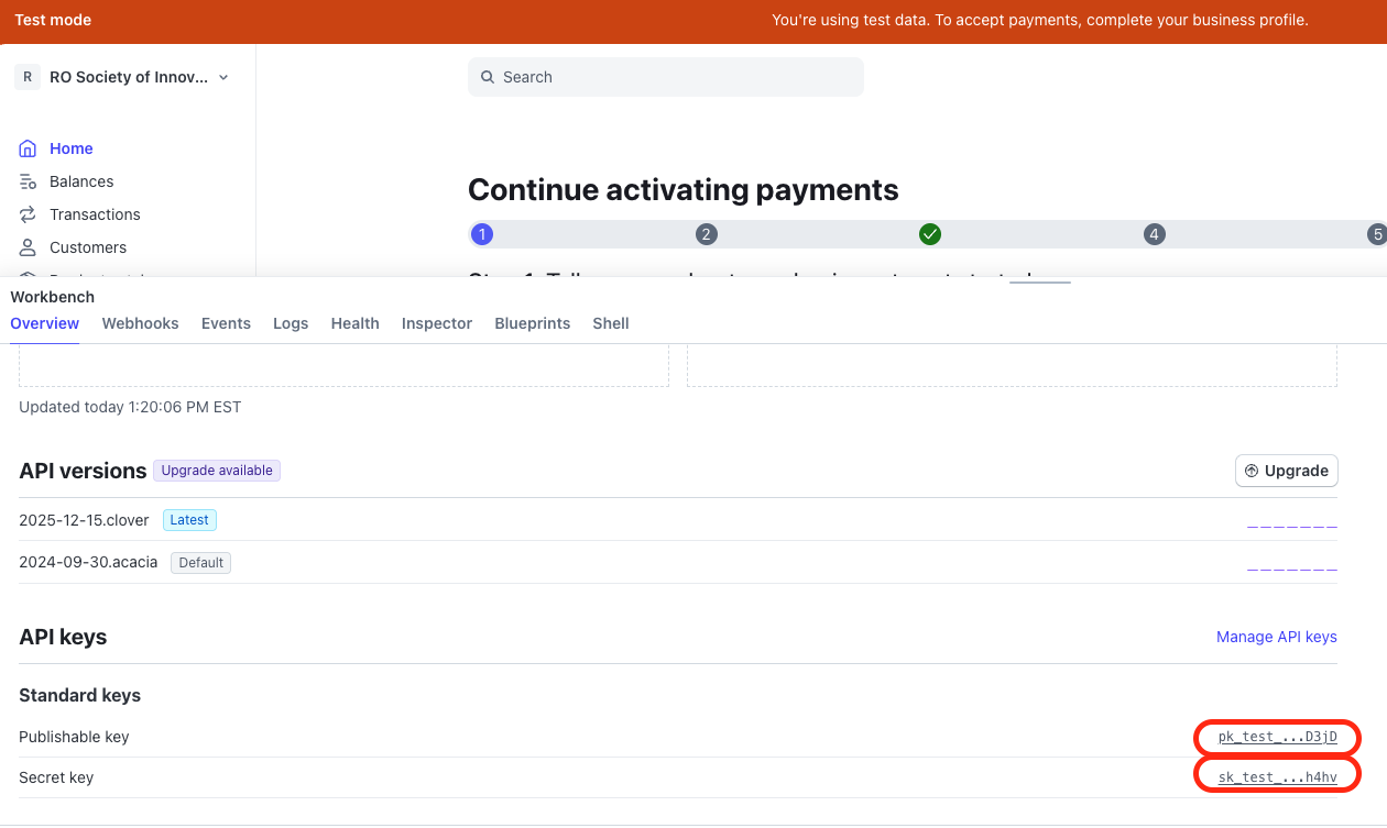 Stripe Dashboard Developers tab showing the publishable and secret API keys