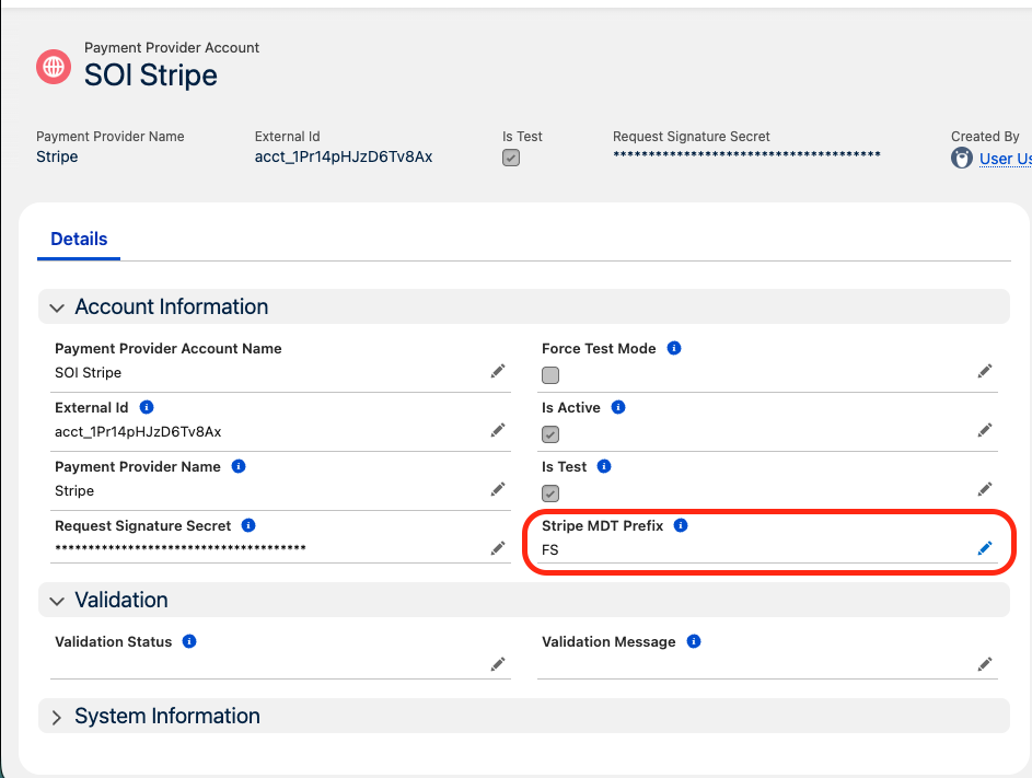 Payment Provider Account record showing the Stripe MDT Prefix field