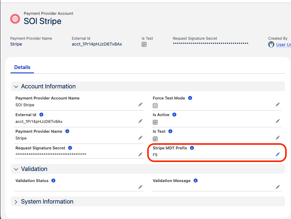 Payment Provider Account record showing the Stripe MDT Prefix field
