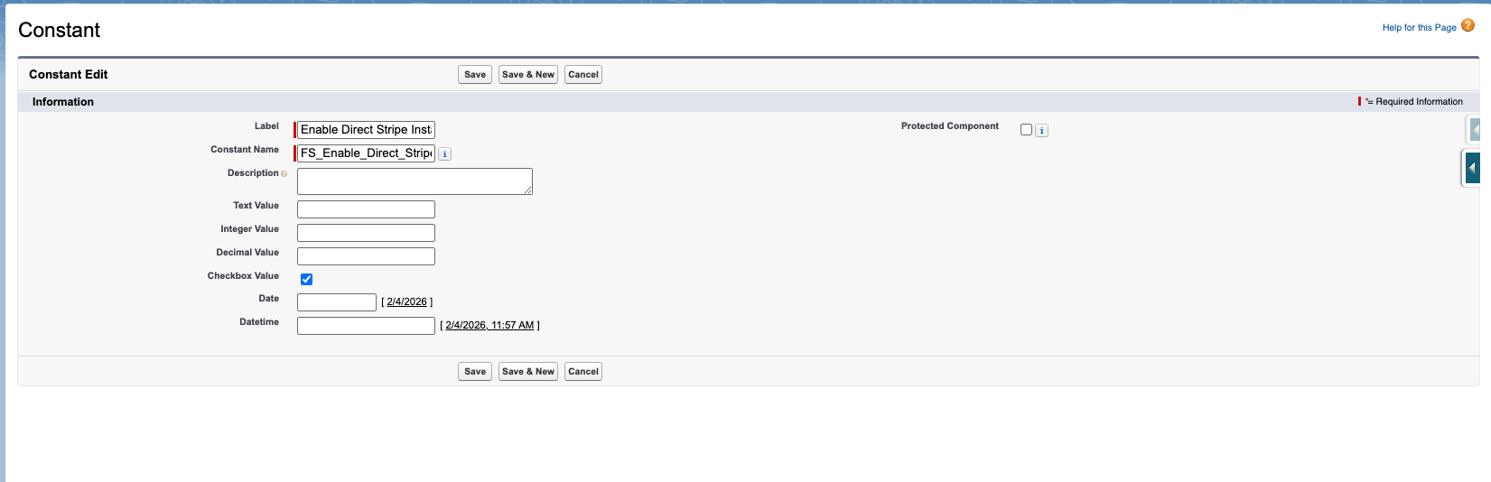 Constant Custom Metadata record FS_Enable_Direct_Stripe_Instance with its checkbox set to true