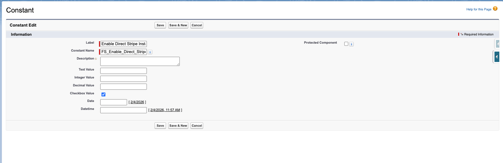 Constant Custom Metadata record FS_Enable_Direct_Stripe_Instance with its checkbox set to true
