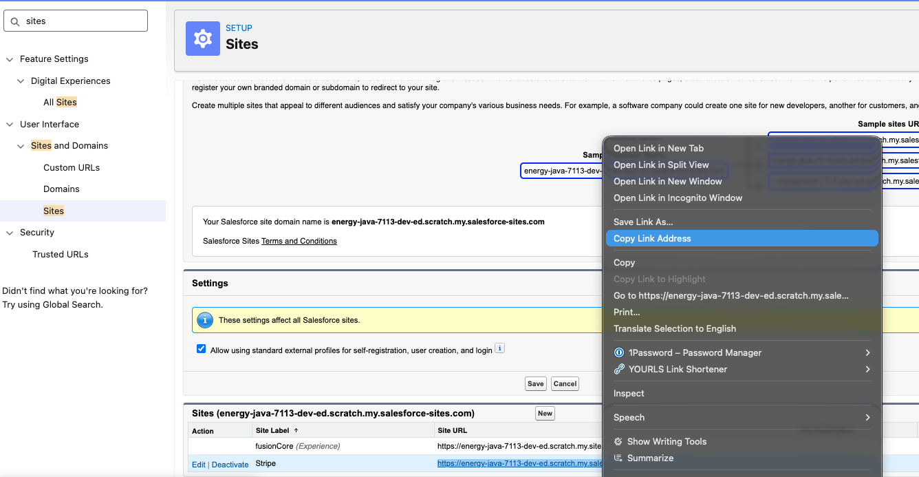 Salesforce Setup Sites page with the Stripe site URL right-click menu open