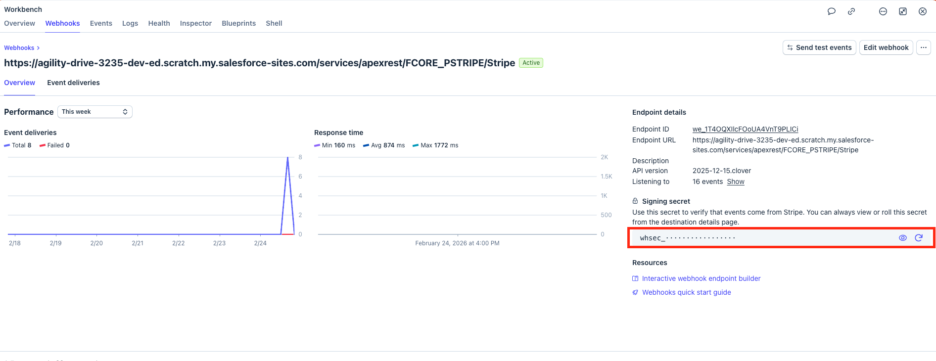 Stripe webhook details page showing the signing secret reveal icon