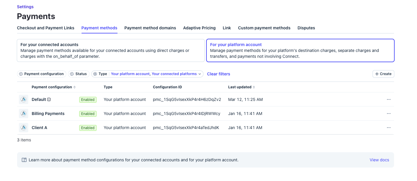 Stripe Payment Methods page