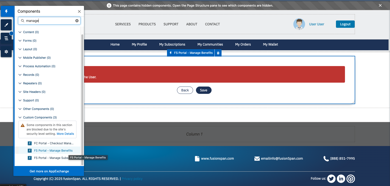 The FS Portal - Manage Benefits component placed on a portal page