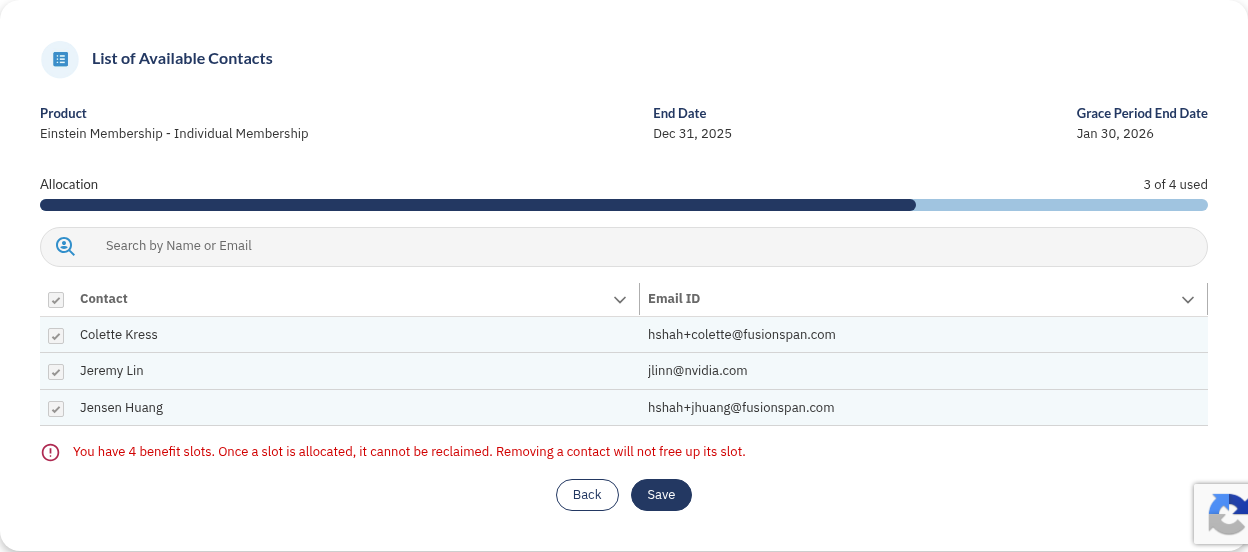 The rendered Manage Benefits page in the portal, showing the subscription product and dates, the allocation progress bar, a contact search, and a selectable list of account contacts with Back and Save buttons