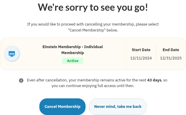 The rendered Cancel Membership page in the portal, showing the subscription summary, a note that membership stays active through the grace period, and Cancel Membership and Never mind buttons