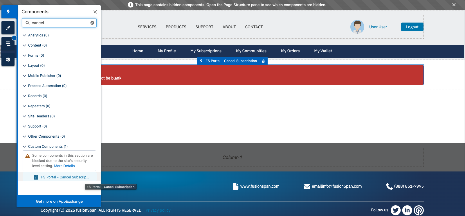 The FS Portal - Cancel Subscription component placed on a portal page