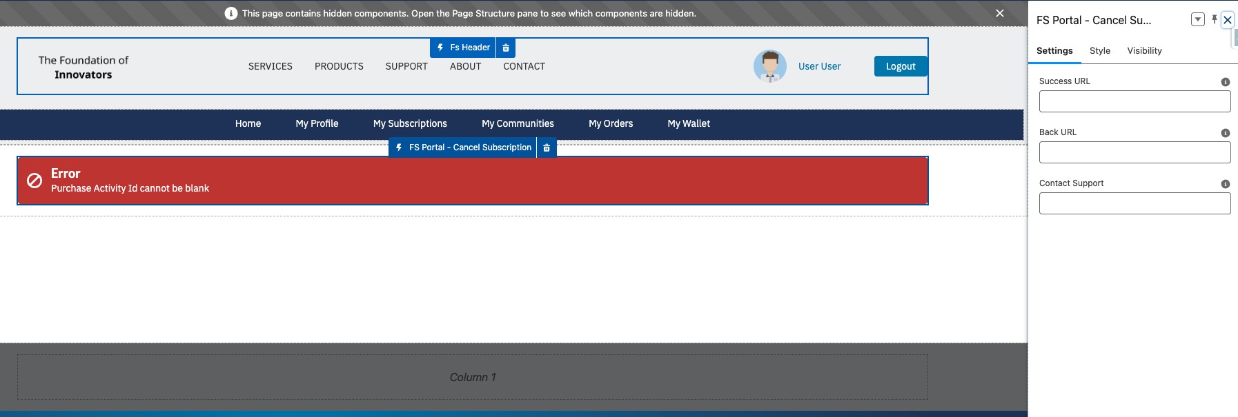 The Cancel Subscription component properties with Success, Back, and Contact Support URLs