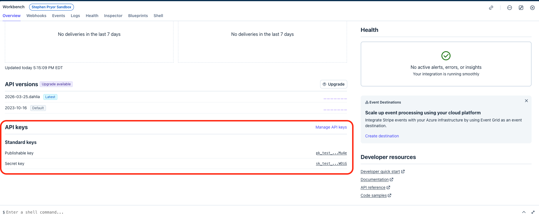 The Stripe Developers Overview page showing the API keys section with the Publishable key and Secret key