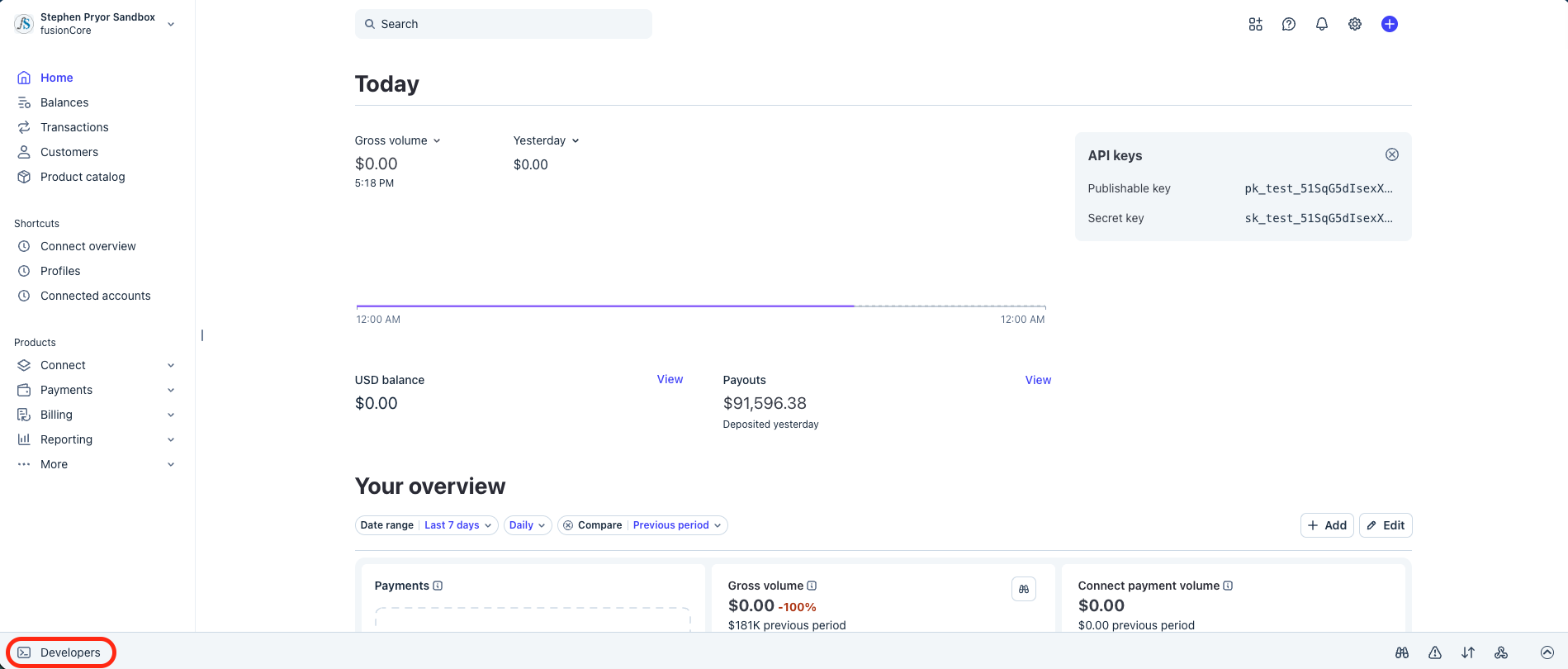 The Stripe dashboard with Developers selected in the top navigation