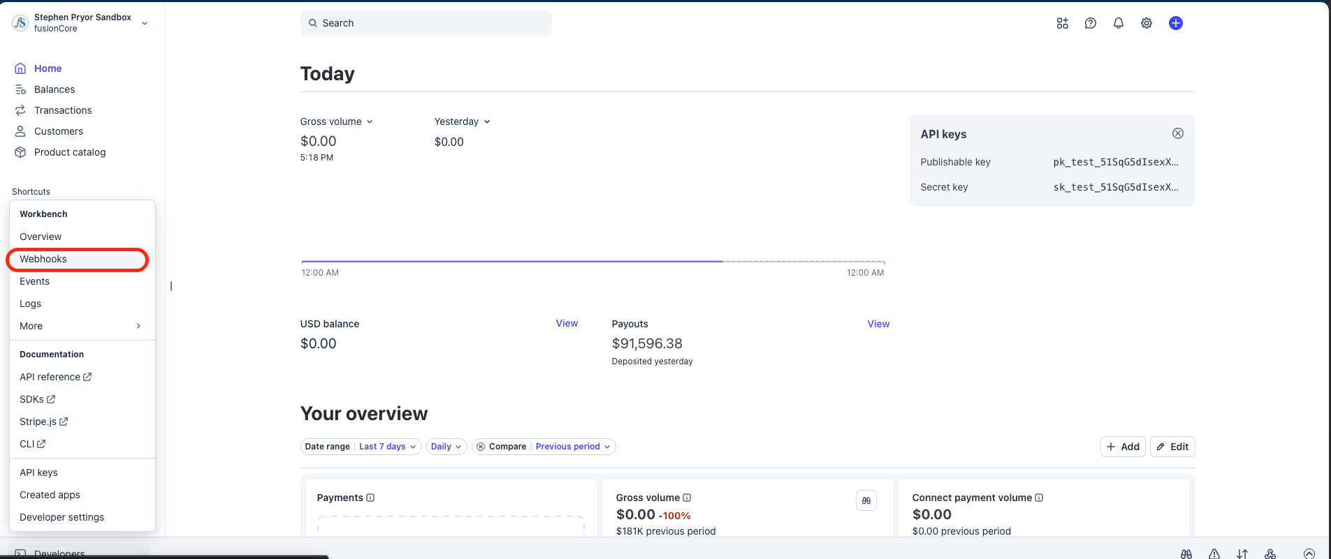 The Stripe Developers menu showing the Webhooks list