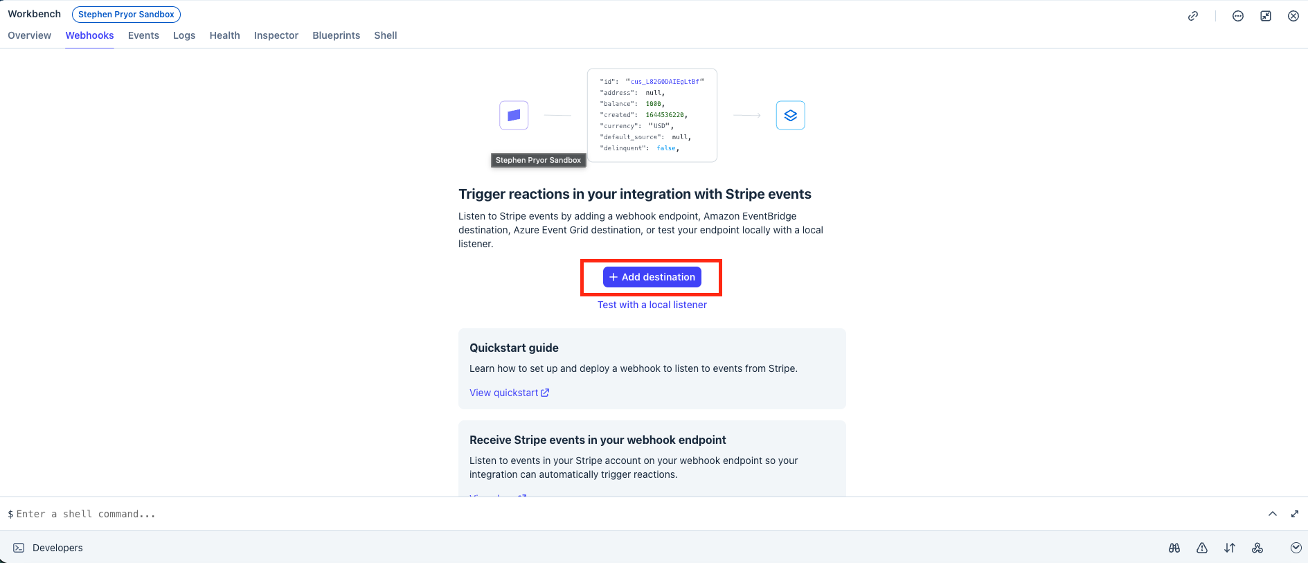 The Stripe Webhooks page with the Create an event destination button
