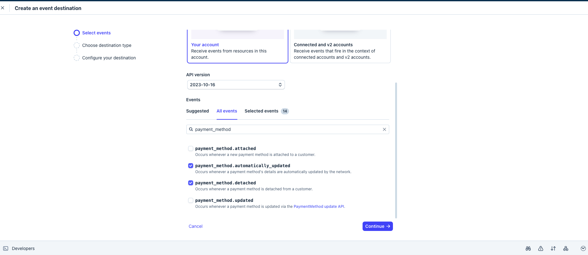 The Stripe All events tab with the 15 fusionCore webhook events added