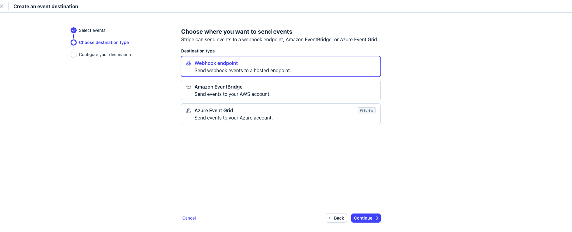 The Stripe destination type selection with Webhook endpoint chosen