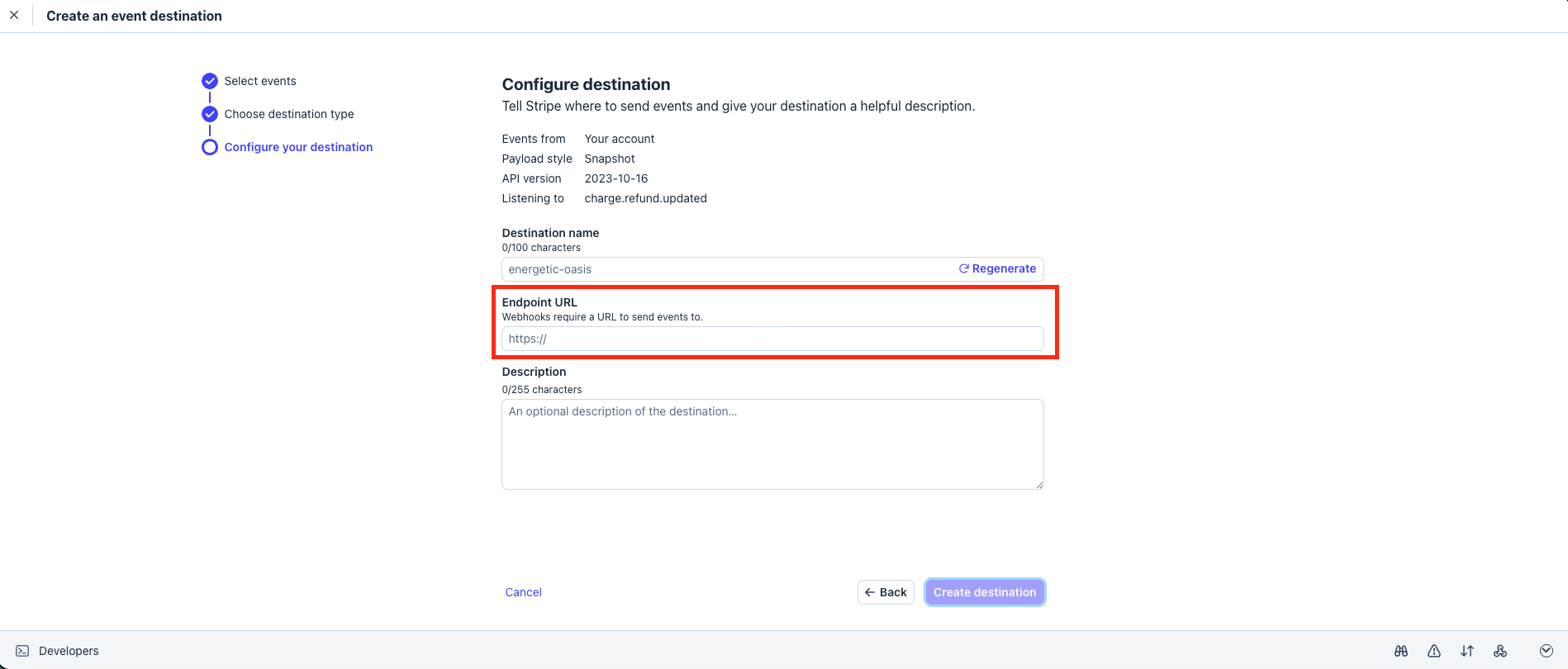 The Stripe endpoint URL field with the Salesforce site URL and fusionCore webhook path entered