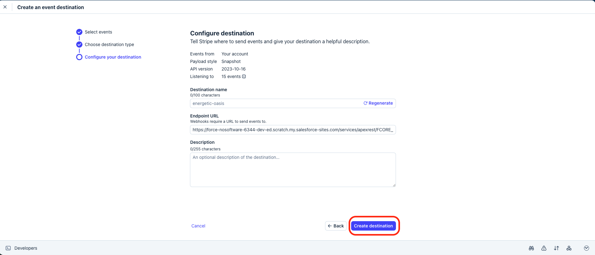 The Stripe Create destination button and the newly created webhook