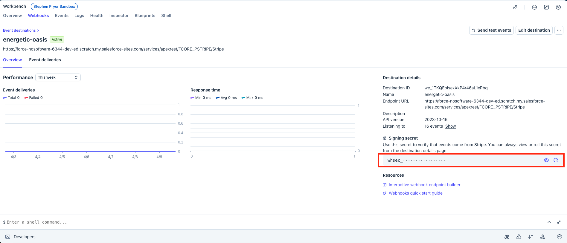 The Stripe webhook detail page with the eye icon to reveal the signing secret and the clipboard icon to copy it