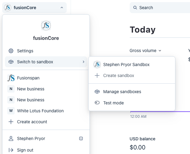 The Stripe account menu used to switch into a sandbox for a test webhook