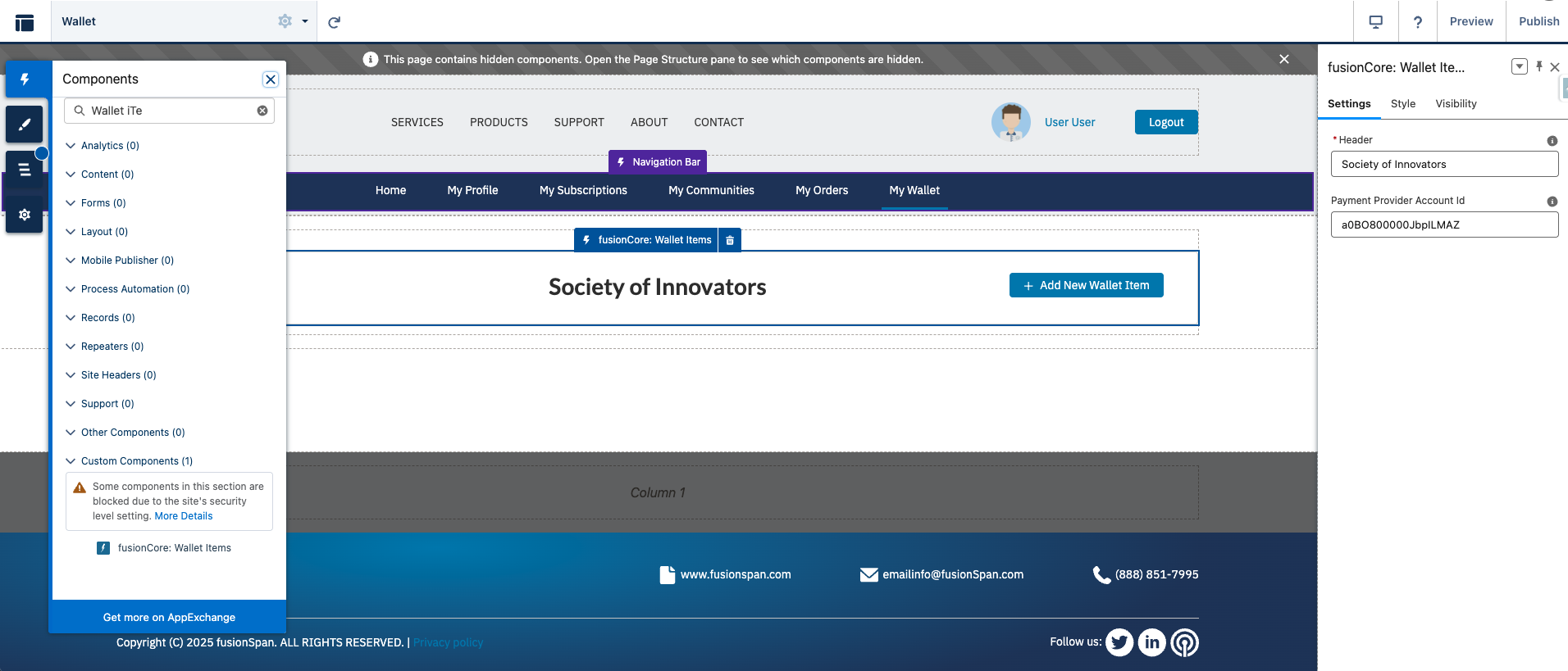 The fusionCore: Wallet Items component placed on a portal page with its properties