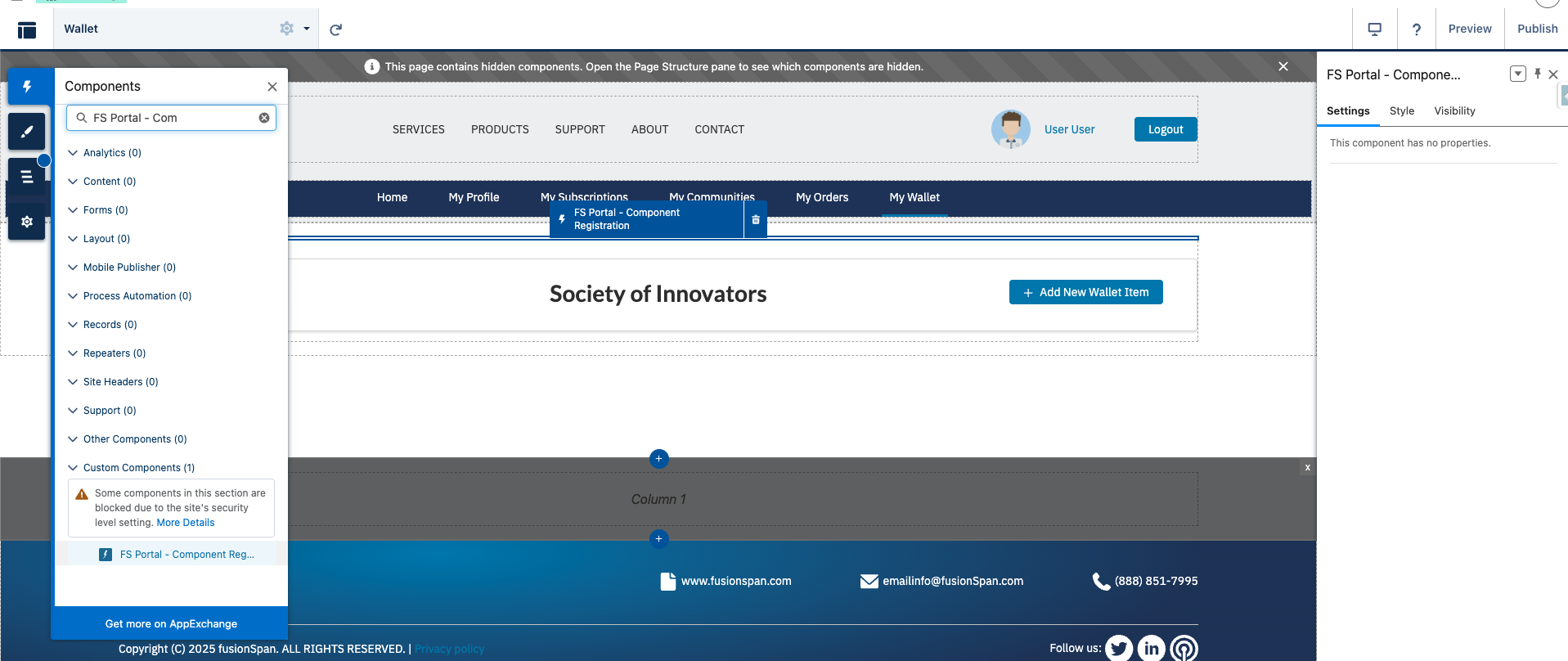 The FS Portal - Component Registration component placed on a portal page