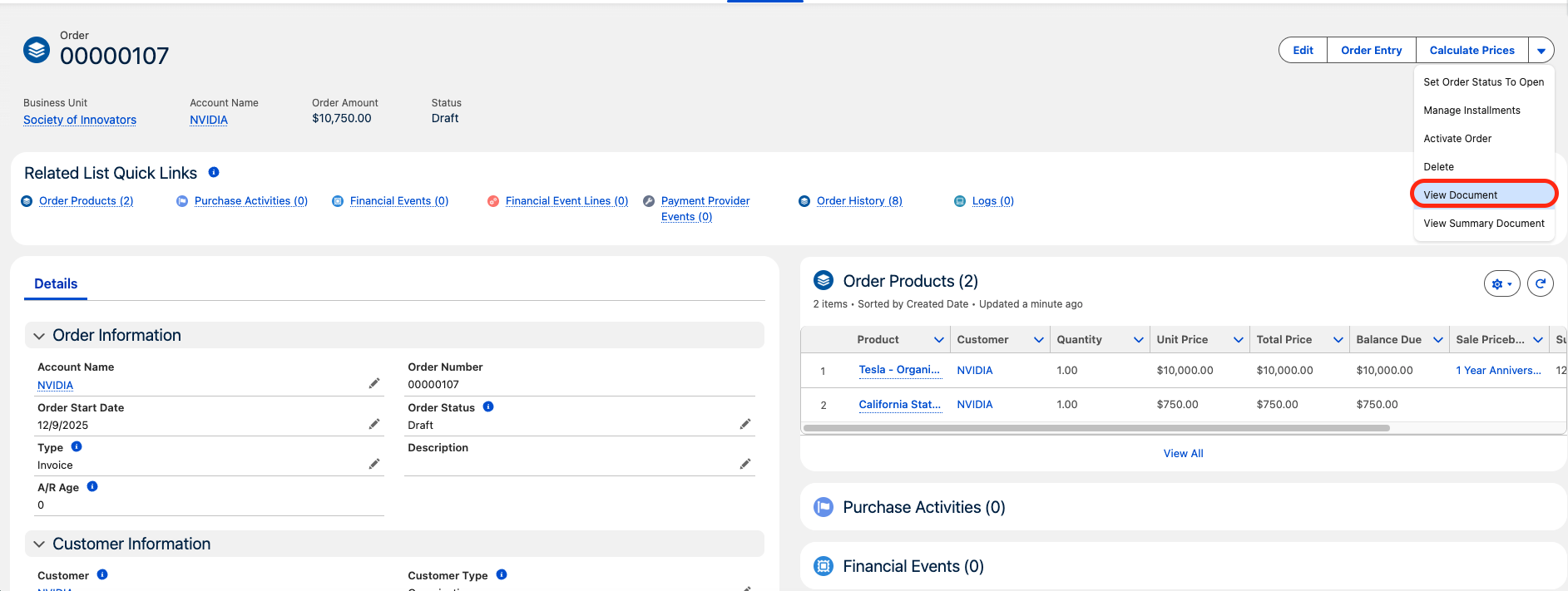 An Order record with the View Document button